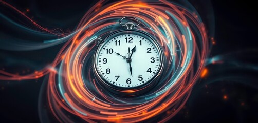 Wall Mural - clock with swirling, dynamic energy trails, suggesting time warp, dimension, pattern