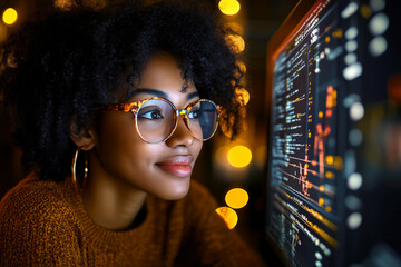 Young female developer analyzing code on computer screen at night