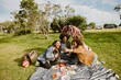© Drobot Dean - A group of young multiethnic friends enjoys a picnic in the park. They sit on a blanket with fruits, laughing and taking selfies with a smartphone. A small dog sits on one friend's lap.