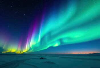 Wall Mural - Emerald, violet, and sapphire aurora borealis dance across a star-studded Arctic sky, nature, wild