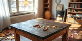 Empty wooden table, colorful crayon spills nearby, sunlit room, desk, cheerful