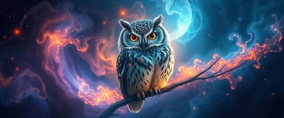 Wall Mural - Enchanted cosmic owl, glowing softly amidst swirling nebula, celestial galaxy , colorful, wonder