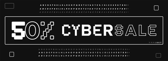 Leinwandbilder - Promotional typography futuristic digital alphabet. Modern geometric font for cyber sale, HUD, EDM, tech logo, gaming headline, online shopping banner. Cyberpunk typographic design. Vector typeset
