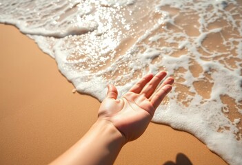 Wall Mural - sun-drenched hand rests on warm sand, gentle waves lapping nearby, landscape, stillness