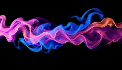 Wall Mural - Swirling blue, pink, and yellow smoke on black background, energy, wallpaper