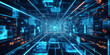 © AI_images_for_people - A futuristic 3D background showcasing an intricate network of interconnected hexagonal tiles, some of which are glowing. The perspective creates a sense of vast depth, while the blue and cyan light