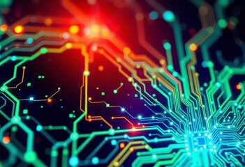 Wall Mural - abstract glowing circuit board with intricate nodes and pathways, vibrant blue and green hues, pathw