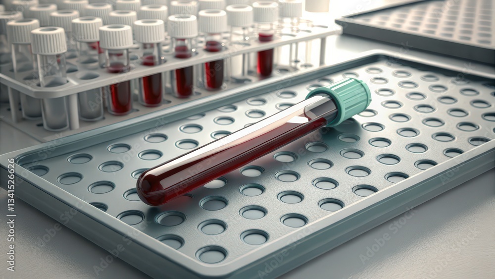 Lab Sample Identification A clinical blood test sample with a tag reading for identification ...