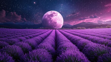 Wall Mural - A purple lavender field under the full moon, with stars twinkling in the sky. The lavender is arranged neatly and has an overall purple tone. In front of it 