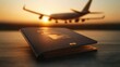 © RUENGWILAI - Dark blue passport on wooden surface with a descending passenger plane approaching runway at sunset creating a picturesque travel scene in background
