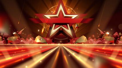Wall Mural - 3d golden star with stone elements with glowing effect decoration on red background.