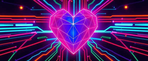 Wall Mural - geometric heart, glowing lines, vibrant neon, futuristic technology, light effect, geometric heart i