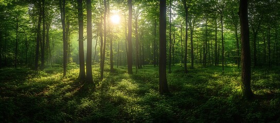 Poster - Golden Sunlight Filtering Through Bright Green Leaves in a Tranquil Forest Landscape : Generative AI