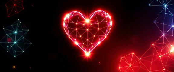 Wall Mural - glowing heart shape formed by light beams, intricate geometric patterns overlayed on a dark backdrop