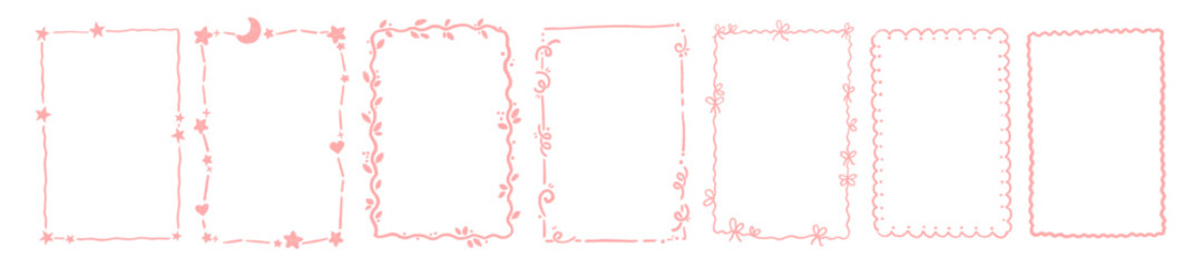 cute line frame set, vector hand drawn minimal kawaii border, curly brushstroke design, star box. wh
