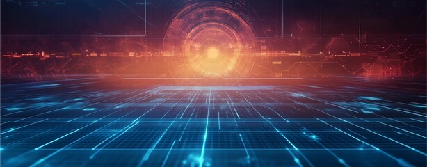 Digital Frontier: Futuristic digital landscape featuring glowing circuit lines and a central data portal, evoking themes of technology, data processing, and innovation.