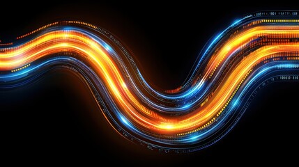 Poster - Dynamic waves of glowing light, merging blue and orange tones, symbolize advanced technology and innovation in a digital era.