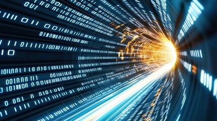 Poster - Futuristic digital tunnel with binary code and vibrant light, illustrating high-speed data transmission and innovation in technology.