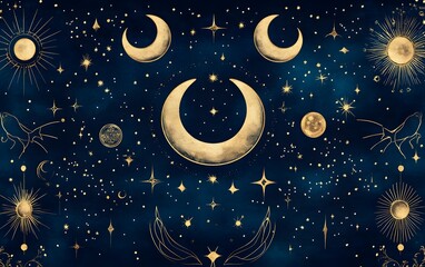 Wall Mural - Magical celestial pattern of moons, constellations, and mystic symbols in gold on a deep navy background