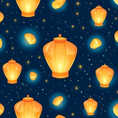 Wall Mural - a seamless pattern of enchanted glowing lanterns floating in the night sky.
