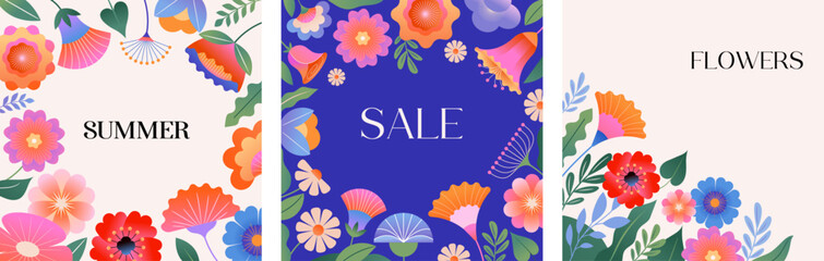 Wall Mural - colorful floral frame with abstract flowers. summer sale template.