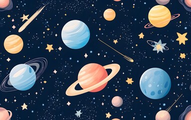 Wall Mural - seamless cosmic pattern of glowing galaxies, planets, and shooting stars in a dreamy night sky setti