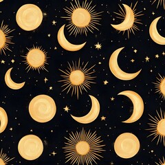 Wall Mural - a seamless pattern of celestial eclipse phases with golden crescent moons and sunbursts.