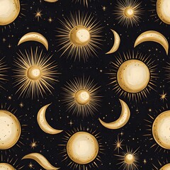Wall Mural - a seamless pattern of celestial eclipse phases with golden crescent moons and sunbursts.