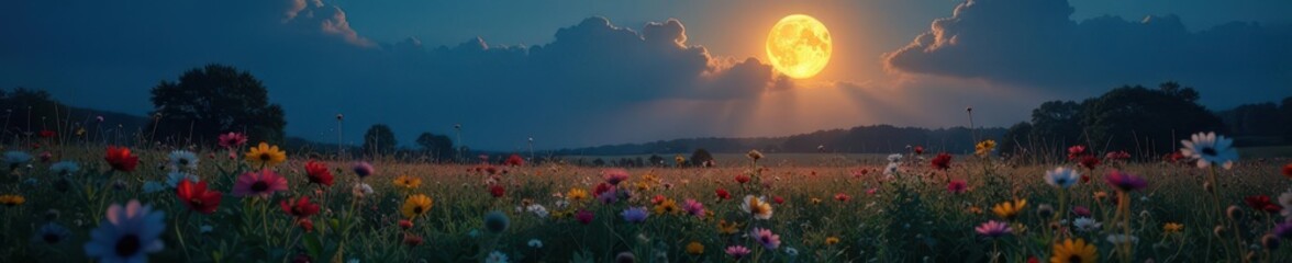 Wall Mural - Full moon's ethereal glow bathes rustic field, wildflowers bloom ,  botany,  bloom