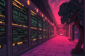 Futuristic server room with glowing data racks and pink sky, anime style illustration