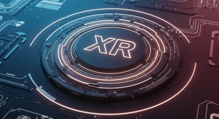 XR Technology: The central focal point is a futuristic design element featuring the letters 