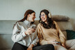 © Dusan - Young caucasian woman and her sister use phone and have fun on couch