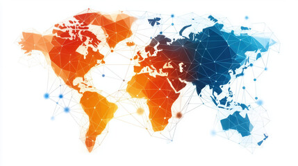 abstract world map with polygonal connections in vibrant colors, symbolizing global networking and c