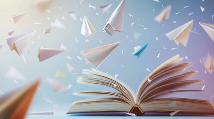 Wall Mural - literature classroom poster with realistic and inspirational image of books, open book, paper airplanes, pen, letters, white and bright background