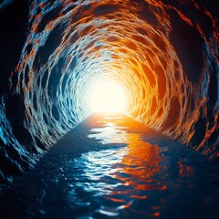 Aufkleber - Light Emerging from a Vibrant Tunnel of Water in Shades of Orange and Blue, Symbolizing Hope and Journey Through Darkness and Into Brilliance