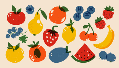 Fruits and berries. Vintage botanical print with apple, cherry, plum, strawberry, blackberry, blueberry, raspberry, gooseberry risograph style. Vector isolated set