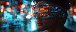 © NDmCX-Nic - A young individual wearing futuristic VR goggles, immersed in a high-tech digital environment filled with vibrant data displays and lights.
