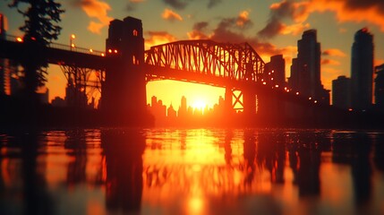 Wall Mural - fiery sunset cityscape: bridge silhouette at golden hour
