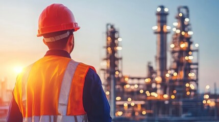 Wall Mural - worker in safety gear observing an industrial landscape during sunset
