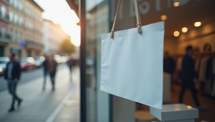Aufkleber - Minimalist retail concept with clean empty sign inside a store window, soft bokeh effect on the busy street behind, creating a modern urban feel with soft daylight and inviting mood with copy space.