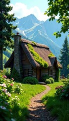 Wall Mural - thatched cottage nestled among mountain trees, thatch, wildlife, cabin life