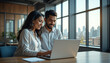 © muawiya - A Collaborative Young Couple Joyfully Working Together On A Laptop In A Bright Modern Office Overlooking A City Skyline With Natural Light Isolated on Transparent Background