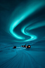 Fototapete - A minimalist scene featuring isolated Arctic research stations on a vast snowy plain under soft