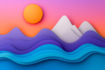 Leinwandbilder - Surreal minimalist landscape featuring soft curves of blue waves, a bold orange sun, and a rich