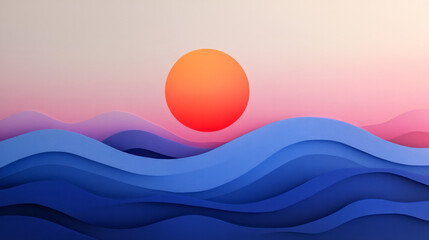 Aufkleber - Soft abstract scene depicting an oversized orange sun gently setting above tranquil rolling blue
