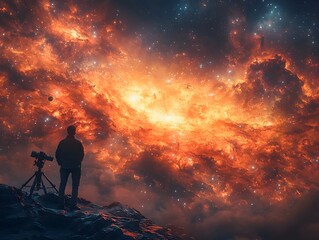 Wall Mural - a scientist examines a cosmic phenomenon through a telescope