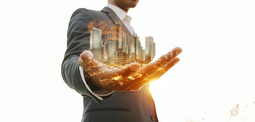 Businessman in a suit holding a virtual city in his hand, with a double exposure effect and a real estate business concept, against a white background Generative AI