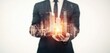 © SKIMP Art - Businessman in a suit holding a virtual city in his hand, a double exposure image representing the real estate business concept against a white background Generative AI