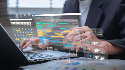 Leinwandbilder - Project management and workflow scheduling interface. A business professional analyzing Gantt charts, tracking progress, and managing task execution through a digital strategy dashboard.