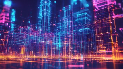 Neon cityscape, digital rendering, glowing lines, futuristic background, tech concept